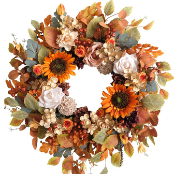 22 Inch Fall Wreaths for Front Door Artificial Flower Wreath with Sunflowers Leaves Large Autumn Farmhouse Wreath for