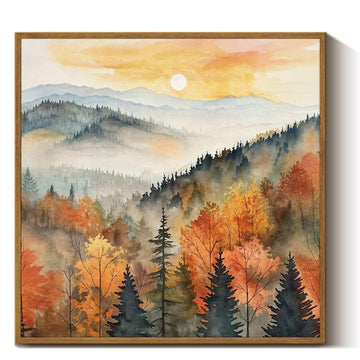 Square Framed Canvas Wall Art, Farmhouse Nature Scenery Quiet Forest Awakening Wall Art Prints, Autumn Fall Classical