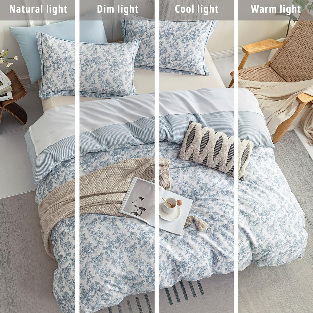 Vintage 100% Cotton Duvet Cover Queen 3PC - Elegant Pale Slate Blue Floral Pattern on White with Light Blue & White