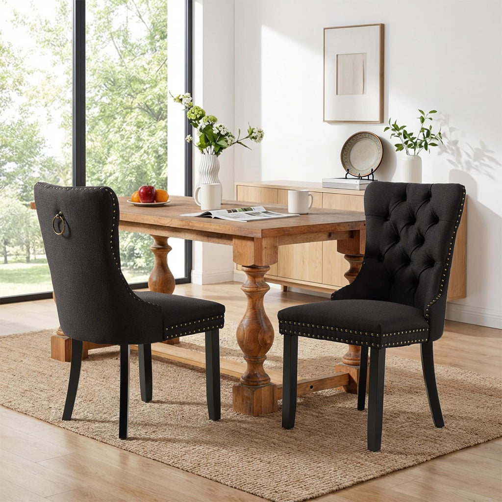 Linen Fabric Dining Chair Set of 2, Upholstered Tufted Dining Room Chair with Nailhead Trim and Solid Light Color