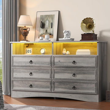 Grey 6 Drawer Dresser with LED Lights and Charging Station, Wood 6 Chest Drawers, Large Storage for Clothes, Taupe