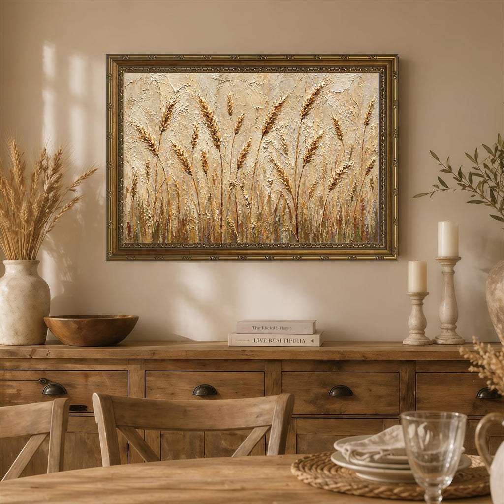 Textured Golden Wheat Ears Vintage Farmhouse Wall Art Room