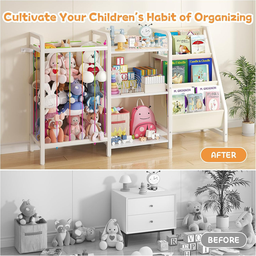 B1 Kids Bookshelf and Toy Storage, Book Shelf for Kids Rooms White | 3-Tier Sling Baby Bookcase with Stuffed Animal