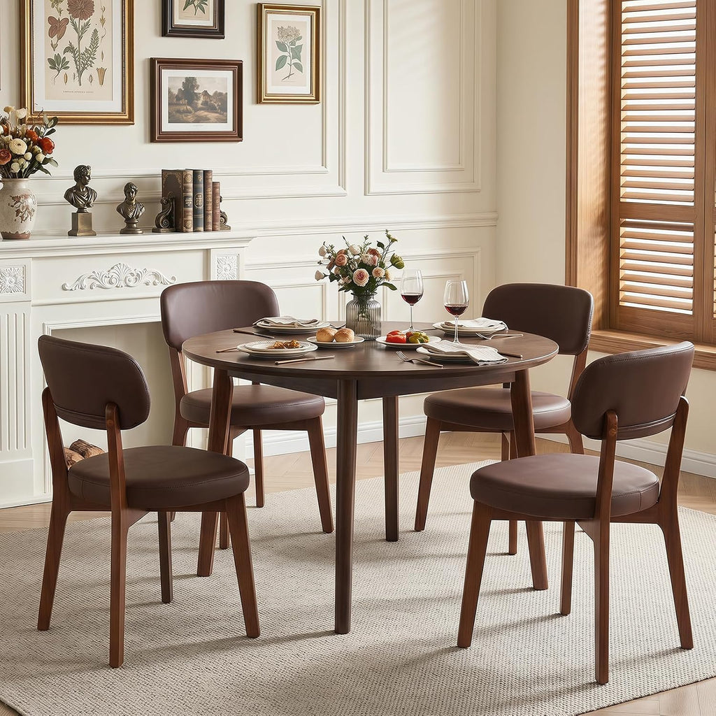 Oak Wooden Dining Chairs Set of 4, Mid-Century Modern Leather Upholstered Kitchen Chair with Solid Wood, Farmhouse