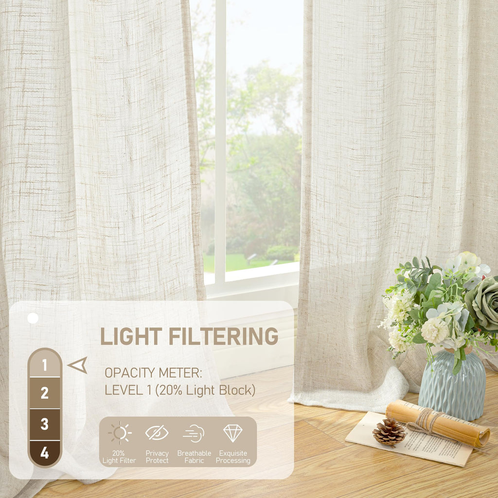 Linen Semi Sheer Curtains 96 inch Length 2 Panels Set Cream Ivory
