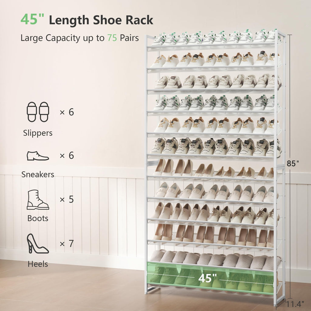 Shoe Rack, Long Shoe Organizer, Max Holds 75 Pairs, 12 Tier Metal Shoe Storage Shelf, 6-Tier Stackable Shoes Organizer