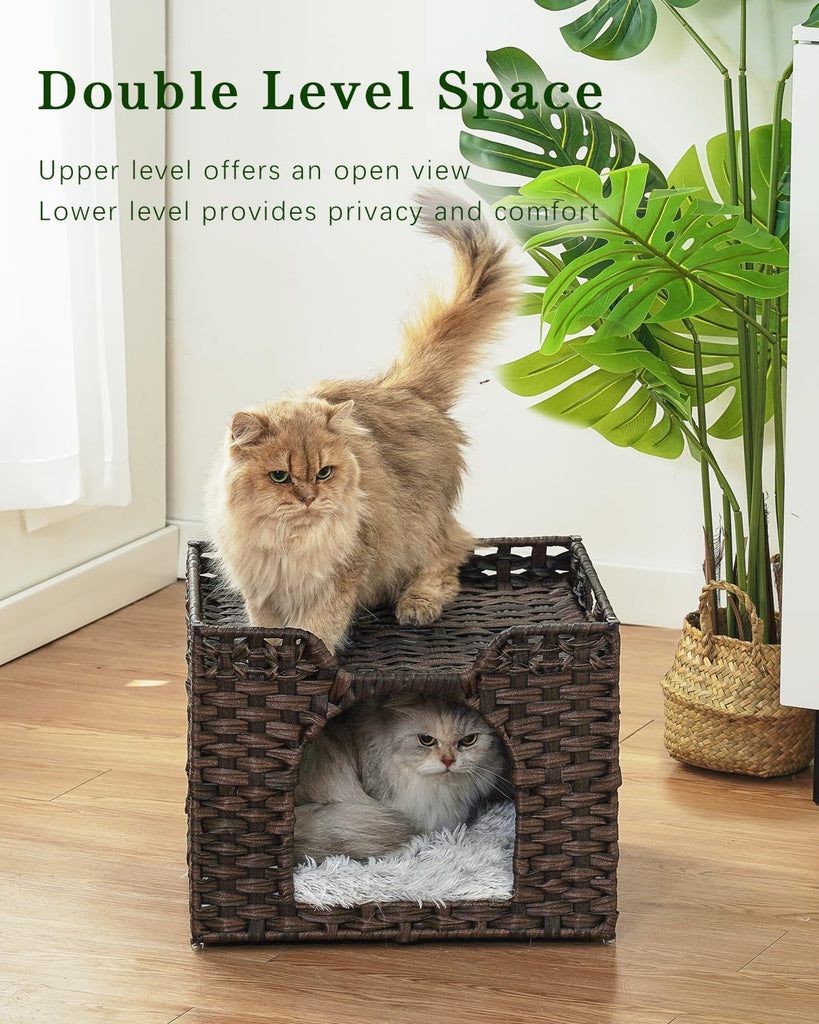 Cat Beds Indoor Kitten House, Handwoven PE Rattan Cave, Brown