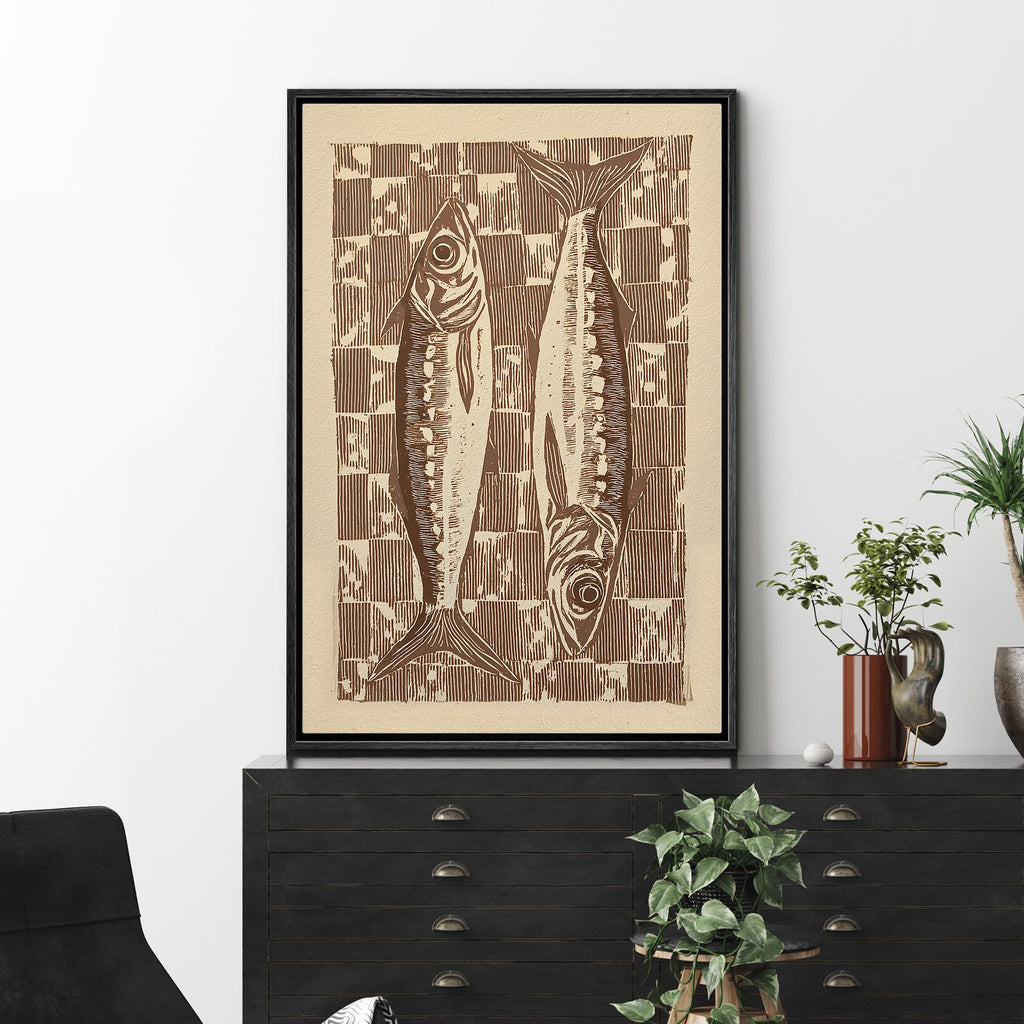Framed Canvas Print Wall Art Vintage Fish Print Retro Woodcut Style Nautical Modern Art Contemporary Multicolor Ultra