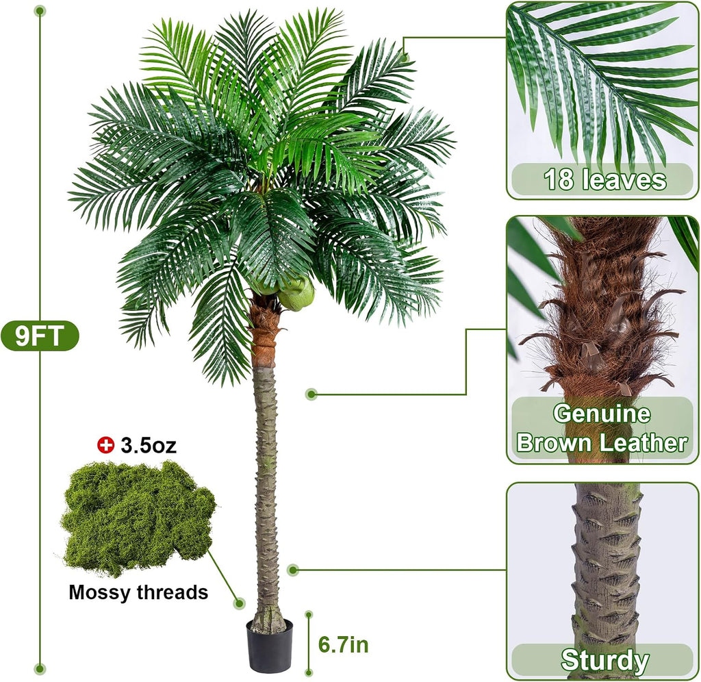 9FT Large Artificial Palm Tree Big Faux Tropical Phoenix Trees Indoor Outdoor Realistic Floor Plants Tall Fake Plant