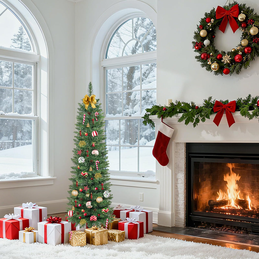4FT Prelit Pencil Christmas Tree, Skinny Foldable Christmas Tree