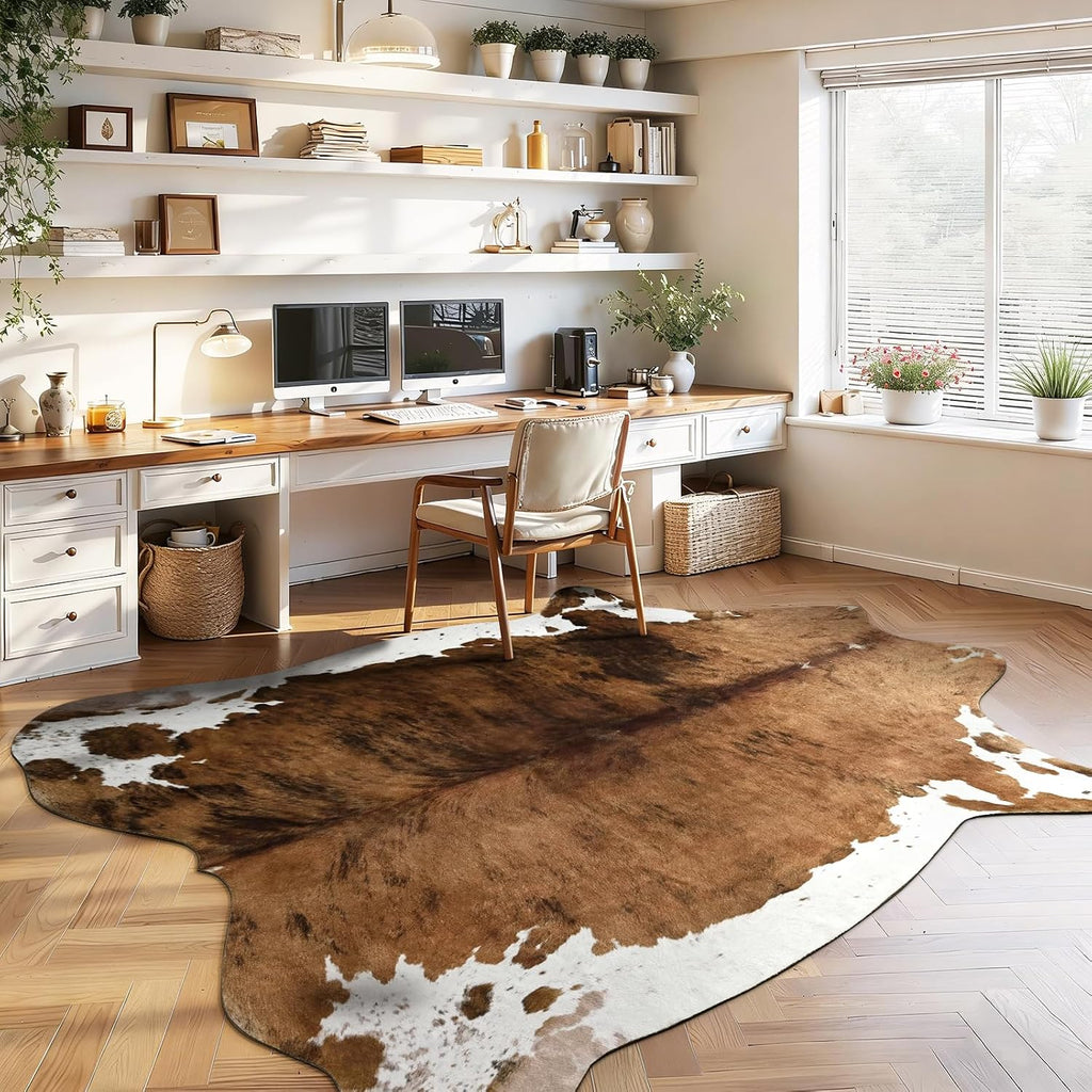 Faux Cowhide Print Rug, 4. .2 ft Brown Western Animal Cow Hide Rugs, Non Slip Cool Cow Skin Carpet Dining Room