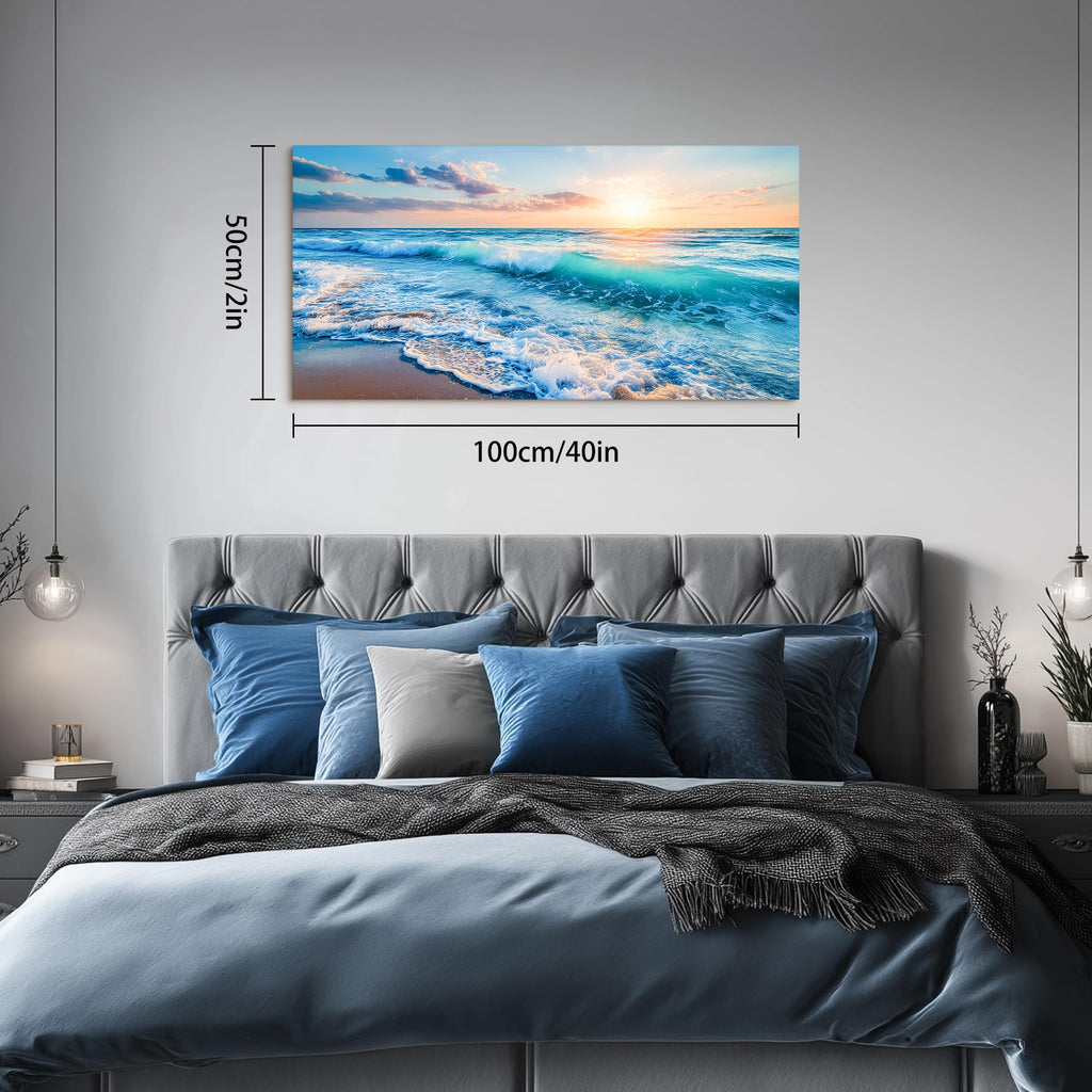 Blue Ocean Large Canvas Wall Art Prints, Coastal Sunset Landscape Prints Paintings, Nature Waves Beach Wall Decor