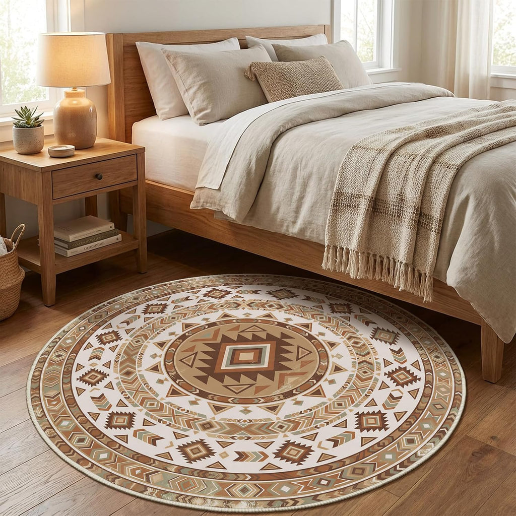 3ft Round Southwestern Rug, Geometric Tribal Pattern, Non-Slip Mat