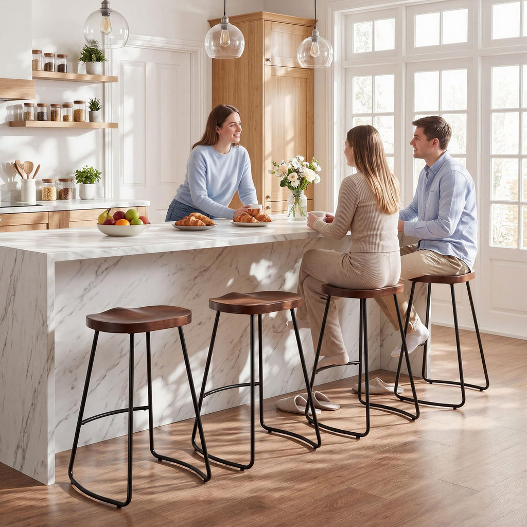 Bar Stools Set of 2, 24'' Counter Height Rustic Wooden Saddle Seat Walnut