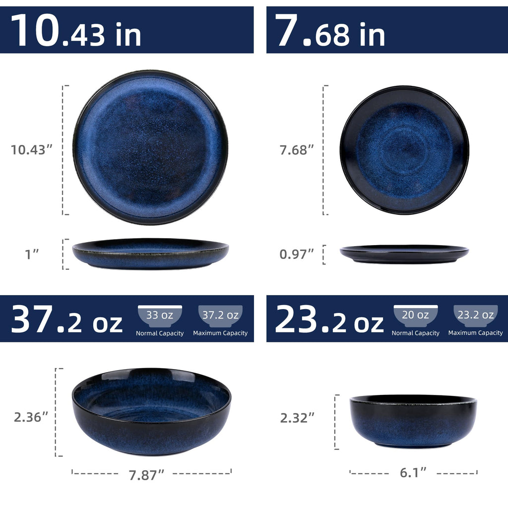 16 Pcs Porcelain Dinnerware Sets for 4 with Double Bowls, Blue