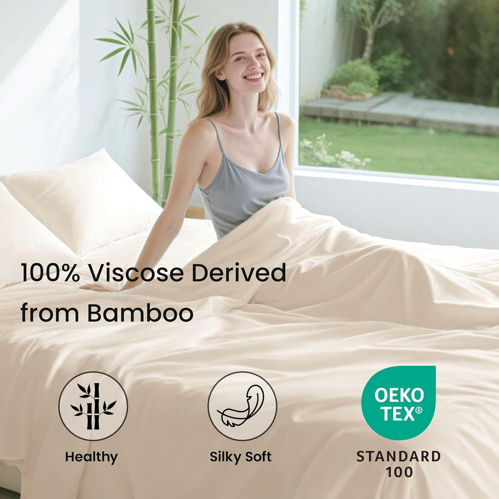 4 Piece Queen Sheet Set, 100% Rayon Derived from Bamboo, Cooling & Breathable, Soft Silky Deep Pocket up to 16"