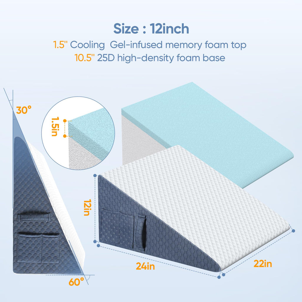 Wedge Pillow for Sleep Apnea, 12inch Bed Wedge