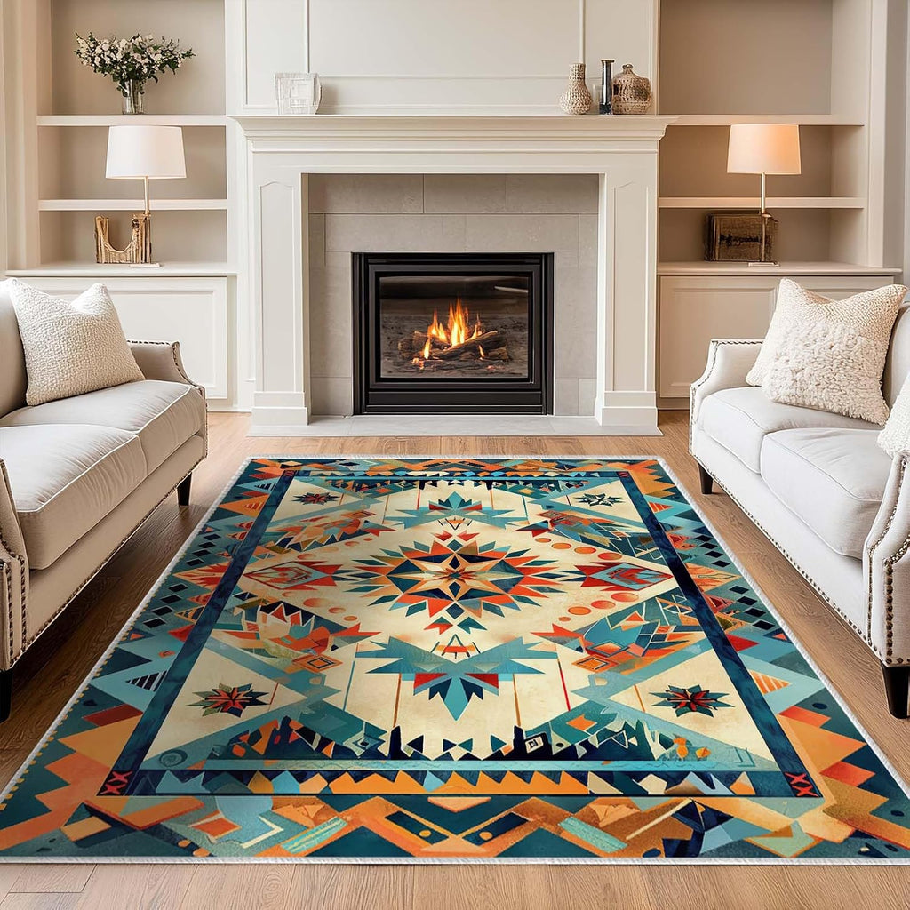 Aztec Rug Western Area Rug Southwestern Tribal Orange Blue Bedroom Ultra-Thin Soft Low Pile Large Carpet Living