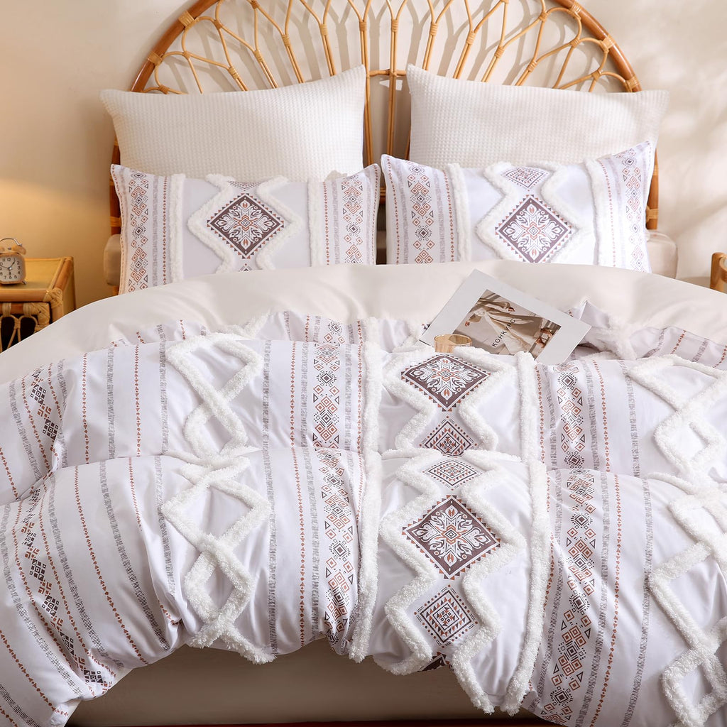 Light Brown 100% Cotton Boho Duvet Cover Set Queen Size, 3-Piece Tufted Textured Modern Boho Moroccan Bedding, Aztec
