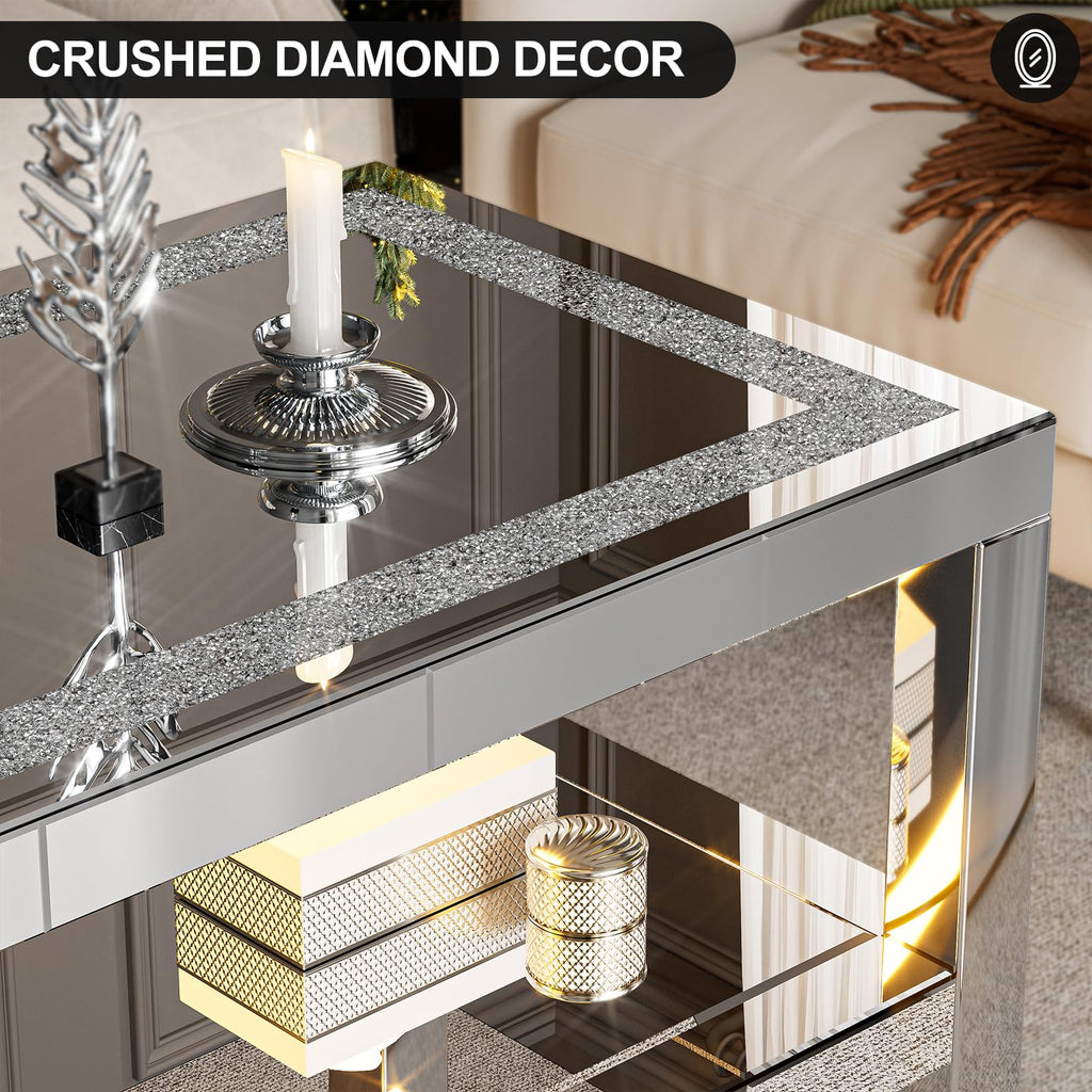 Mirrored Coffee Table with 2 Tiers Storage & LED Light