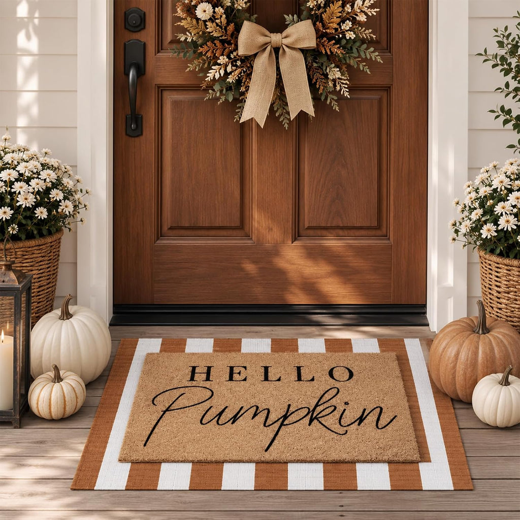 Hello Pumpkin Layered Doormat Set, White Orange - Set of 2