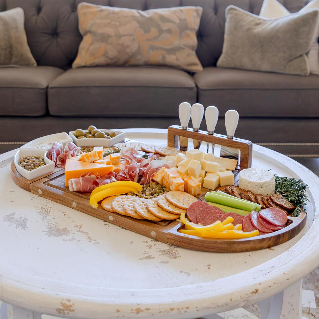 Large Charcuterie Board Set, Acacia Wood, Premium Finish | Magnetic 3-Piece Acacia Wood Design, Reshapes Circle