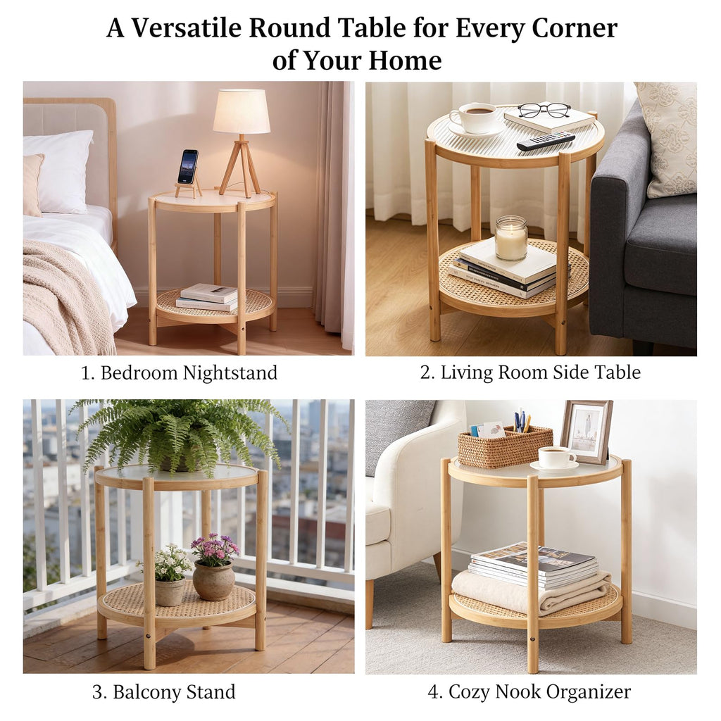 Rattan Side Table, Modern Round Bamboo, Glass Top, Wood