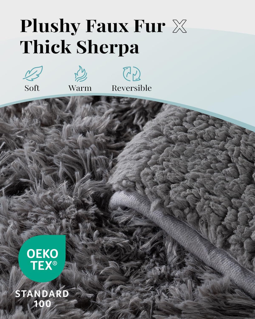 Fuzzy Faux Fur Weighted Blanket 15lbs, 60 x 80 Queen Size for Adult | Machine Washable; Soft and Warm Sherpa Fleece;