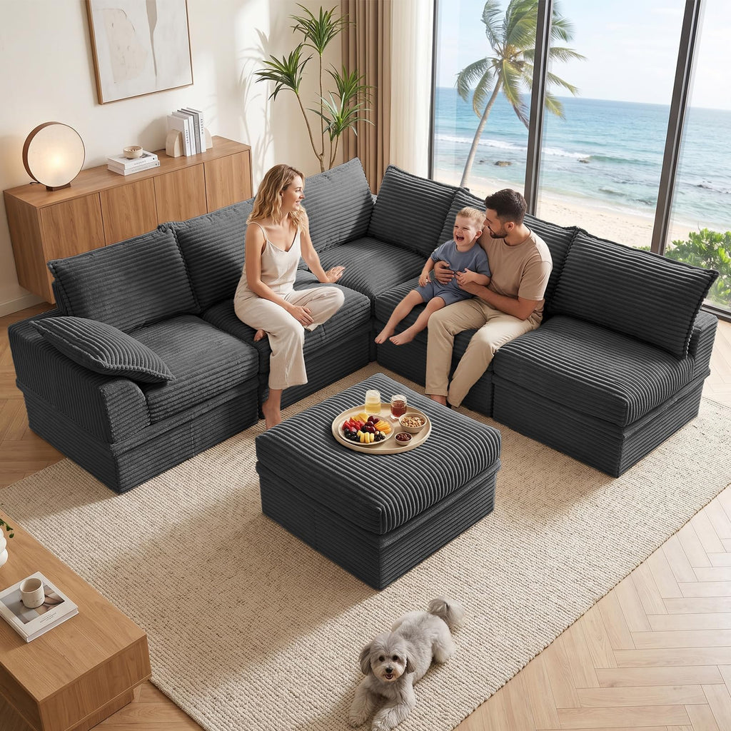 142" Oversized Modular Sectional Cloud Couches, Corduroy 6-Seat Large Upgraded Boneless Couch with Ottoman Chaise