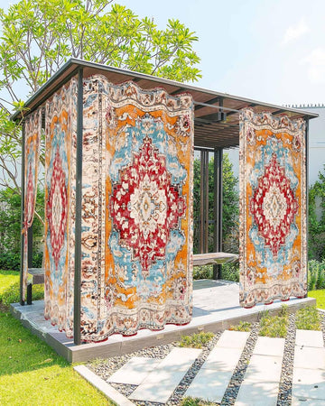 Outdoor Curtains , Red Orange Boho Waterproof Blackout Outside Curtain for Porch/Pergola/Gazebo, Ethnic Tribe