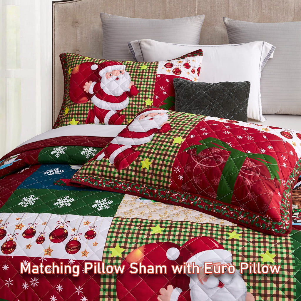 Christmas Oversized Bedspread King Size, Santa Claus Pattern Bedding Quilt, Rustic Lodge Plaid Patchwork Coverlet