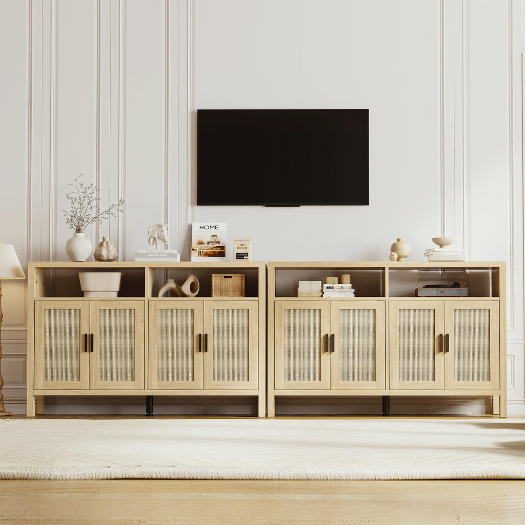 Rattan Buffet Cabinet with Storage, Sideboard with Doors, Console Table, Farmhouse Coffee Bar, Modern Wood Storage