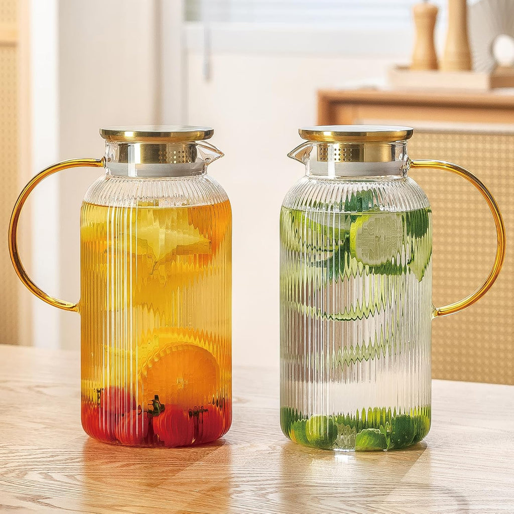 2 PACK Glass Pitcher with Lid, 68 oz/ 2L Classic Vertical Stripes Water Pitcher with Handle,Glass Water Carafe for
