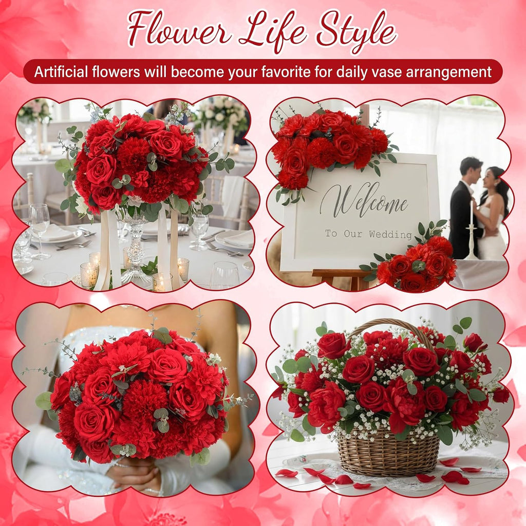 Artificial Flowers with Stems,Red Color - Set of 98