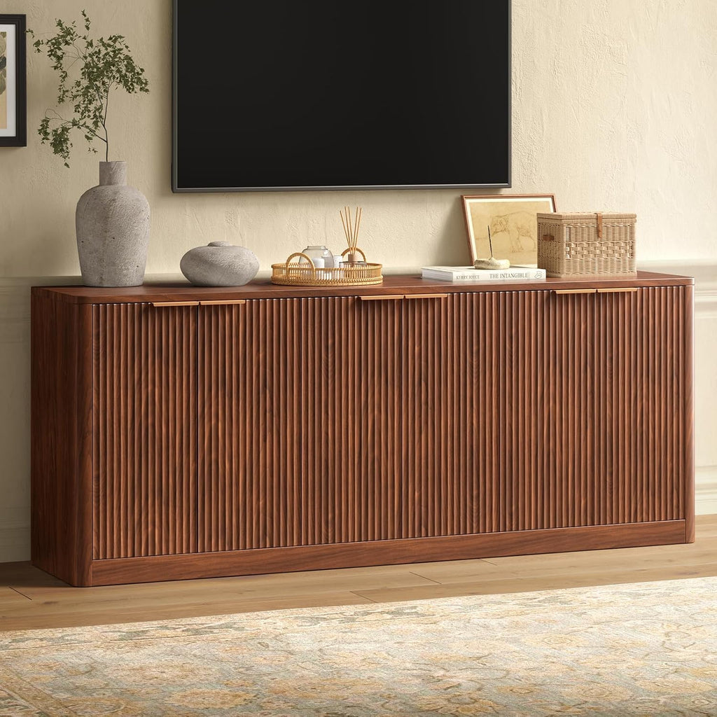 67" Walnut Fluted TV Stand for TVs up tp 75", Mid-Century Modern Entertainment Center with Storage Cabinets and