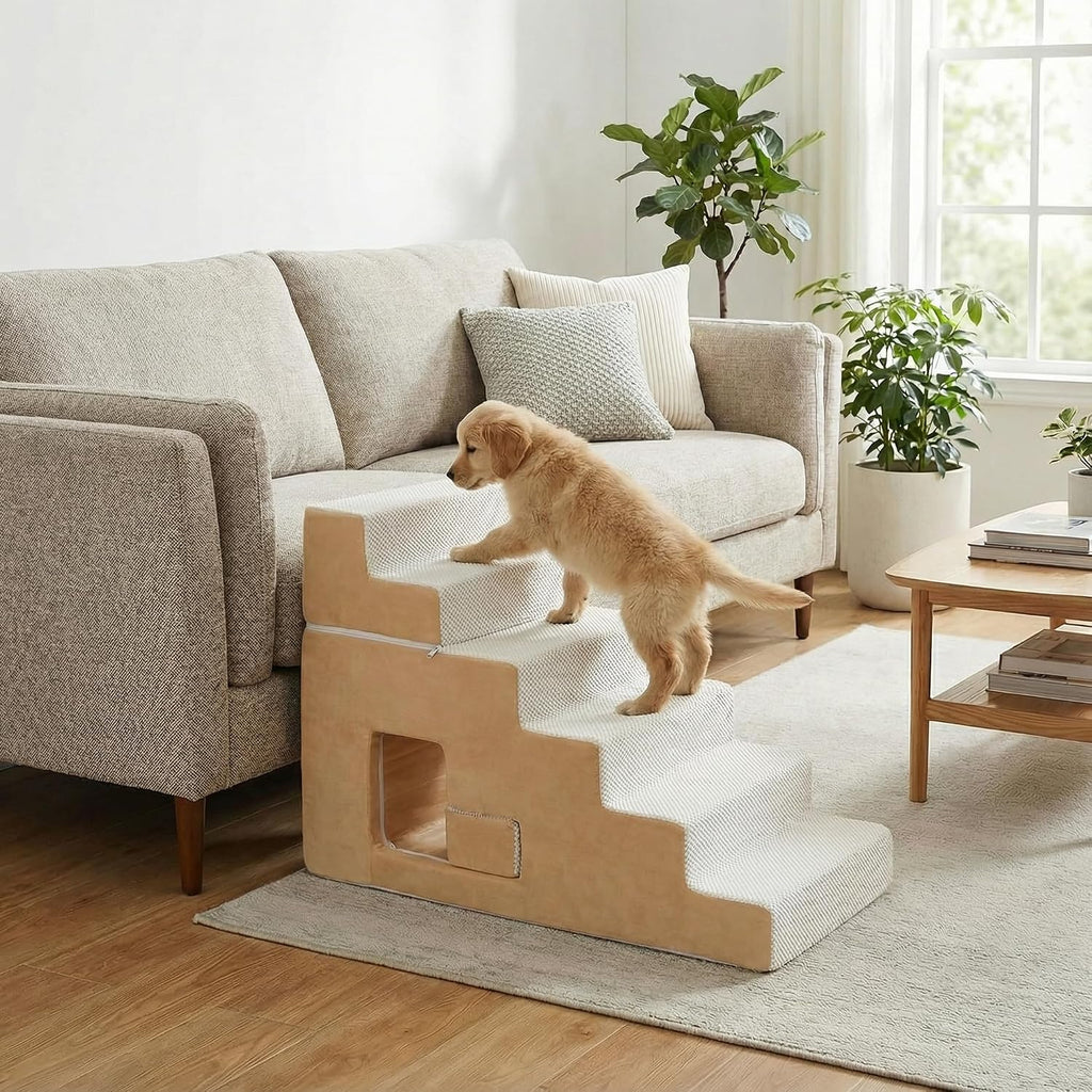 Dog Stairs for Small Dogs 27"H, 6-Step Dog Steps for High Bed, High-Density Foam Pet Stairs with Non-Slip Removable