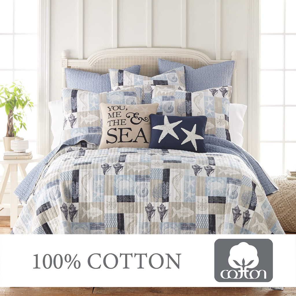 Cerralvo Twin/Twin XL Quilt Set - Coastal Patchwork - Taupe, Cream, Navy, and Blue - Quilt Size 68x86in. and One Sham