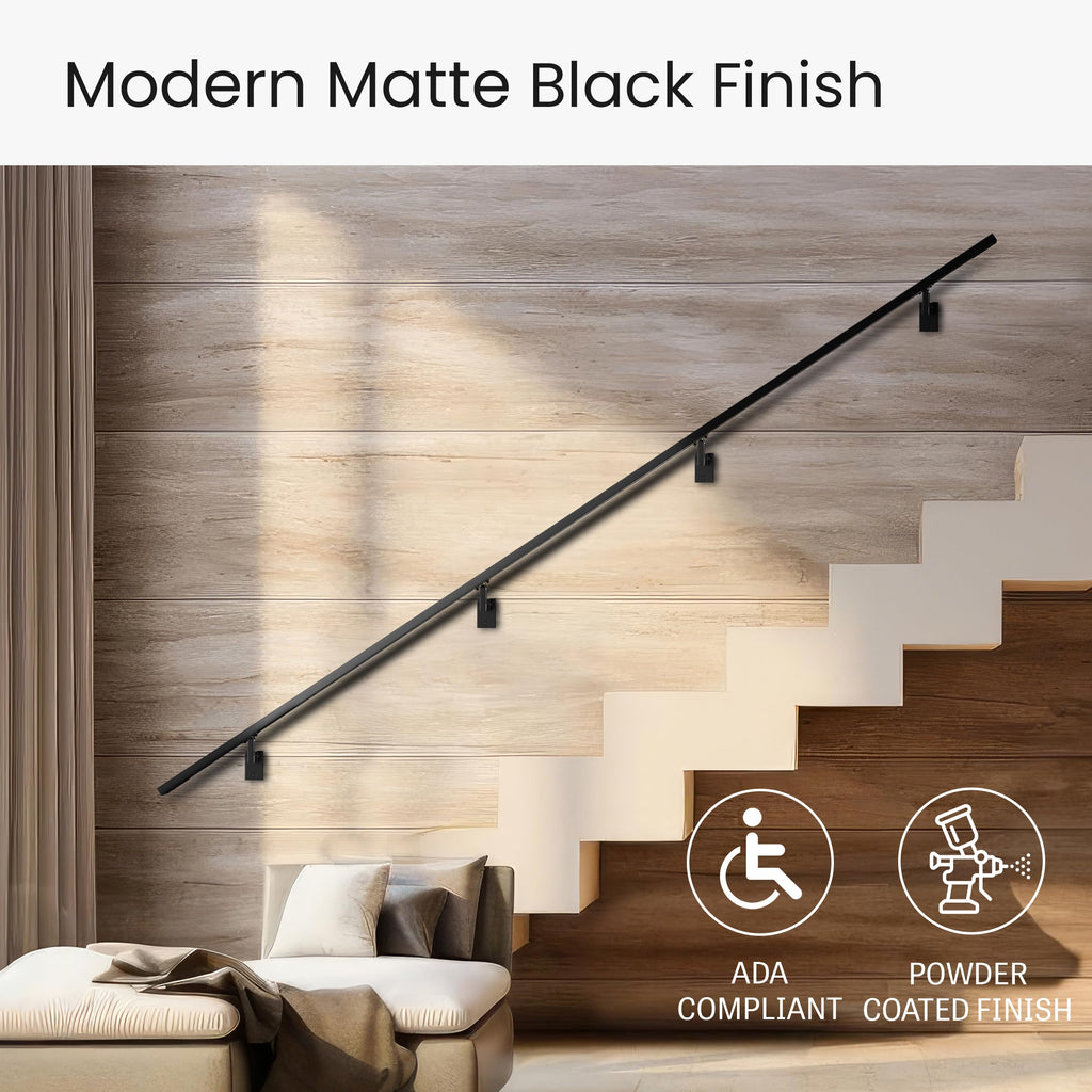 Modern Aluminum Handrail Complete DIY Kit - Matte Black with Adjustable Wall Mount Brackets Included (2' Length)