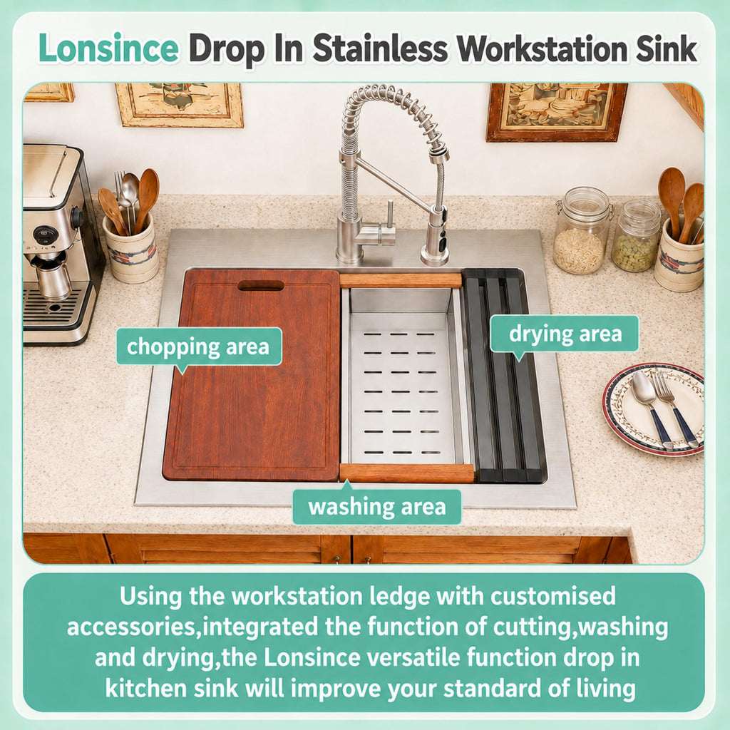 Drop In 28" X 22", Single Bowl Workstation Sinks