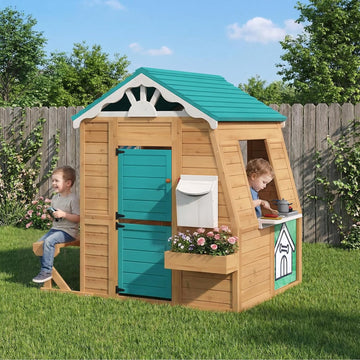 Wooden Kids Playhouse Cottage with Bench, Split Door, Mailbox, Blackboard, Toy Sink & Kitchen Playset, 70.9" x 50.4"