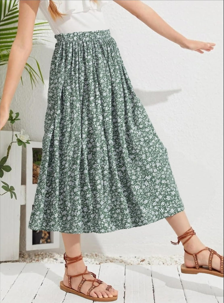 New Girls Floral Maxi Skirt Boho Flowy A-Line Summer Midi Skirt with Elastic Waist