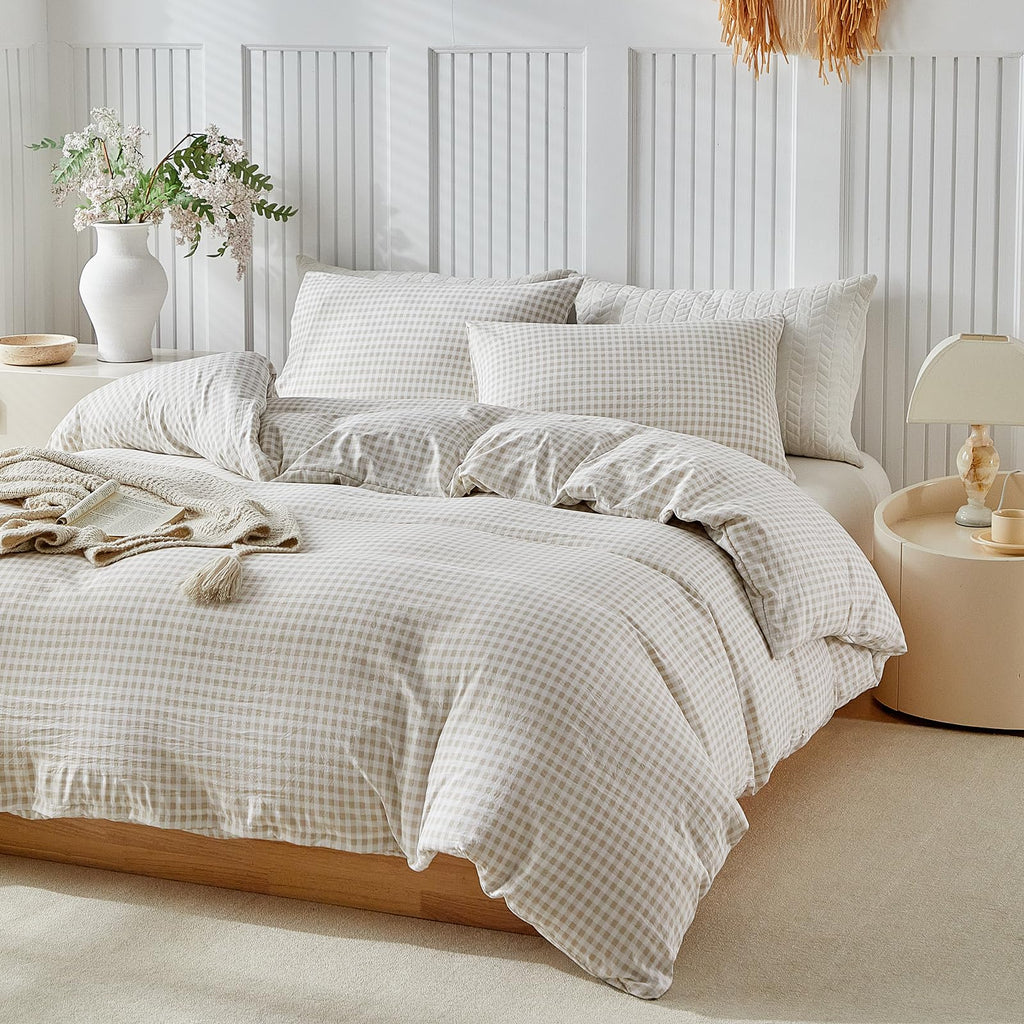 Gingham King Duvet Cover Set, Brown Tan Plaid Checkered Washed Microfiber Comforter Cover Set, 3 Pieces Soft
