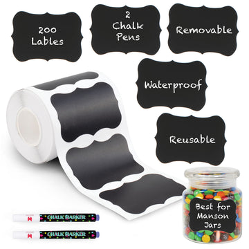 Wavy Chalkboard Labels 200pcs with 2 White Chalk Marker, Reusable Waterproof Chalk Label for Storage Bin, Labels for