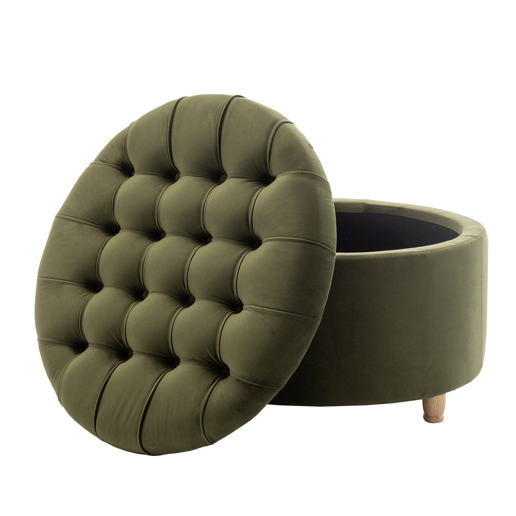 Classic 28-Inch Wide Button Tufted Round Storage Ottoman Footstool with Lift Off Lid, Sage Green Velvet