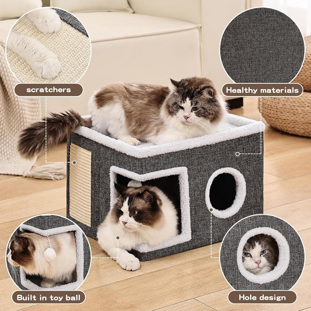 Large Cat Houses for Indoor Cats with Fluffy Ball and Scratch Pad