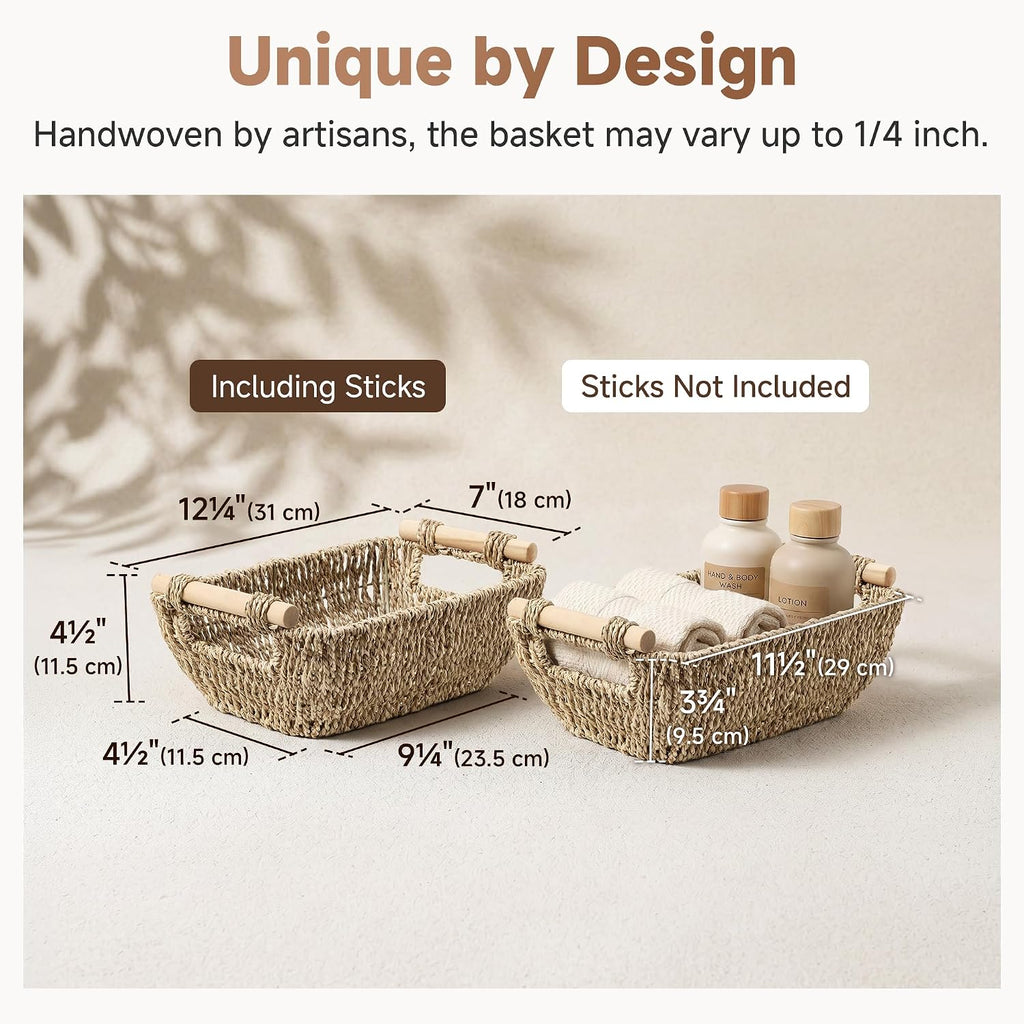 Small Baskets for Shelf, Seagrass Woven Basket with Wooden Handles for Gifts, 2-Pack