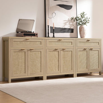 Sideboard Buffet Storage Cabinet Set of 3, Rattan Credenza Buffet | Boho Console Accent Cabinet with 6 Doors and 3