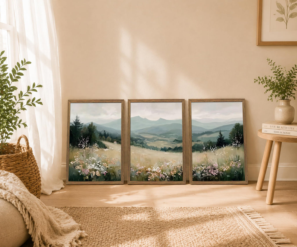 Minimalist Mountain Triptych Wall Art Set of 3, Foggy Wildflower Canvas