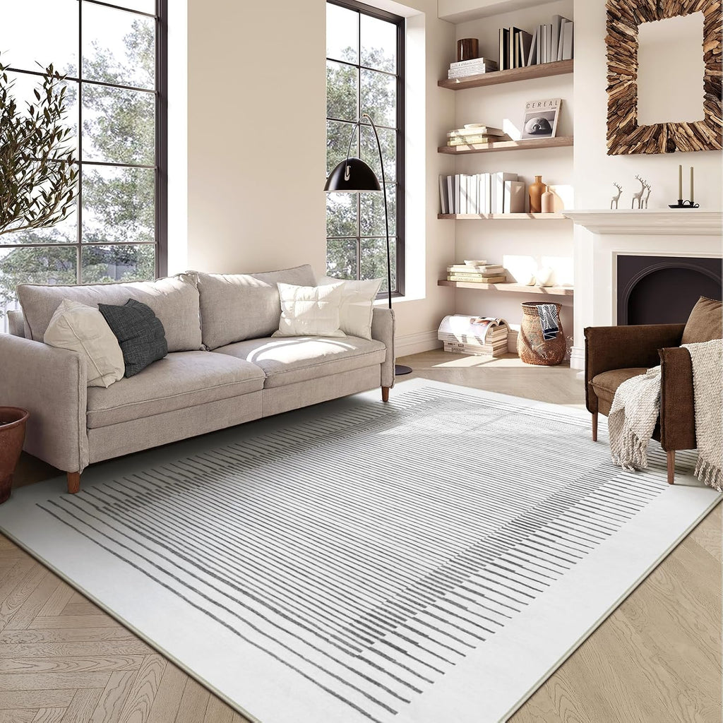 Washable Striped Rugs, Non-Slip Soft Grey Berber Stripe Bedroom Rug, Low Pile Minimalist Floor Carpet Living