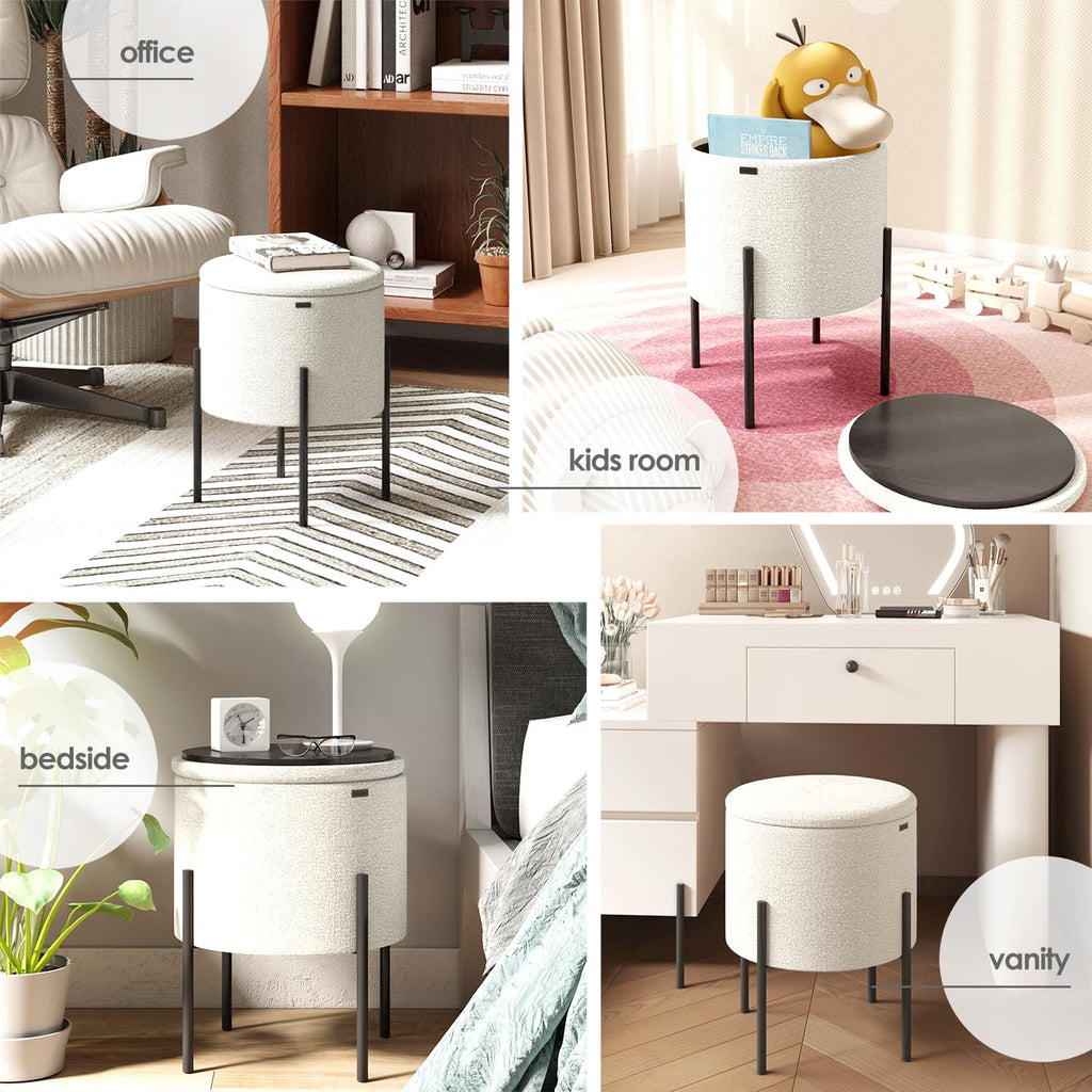 Round Ottoman with Storage, Boucle Storage Ottoman, Foot Stool Ottoman, Makeup Vanity Stool, Small Ottomans Foot